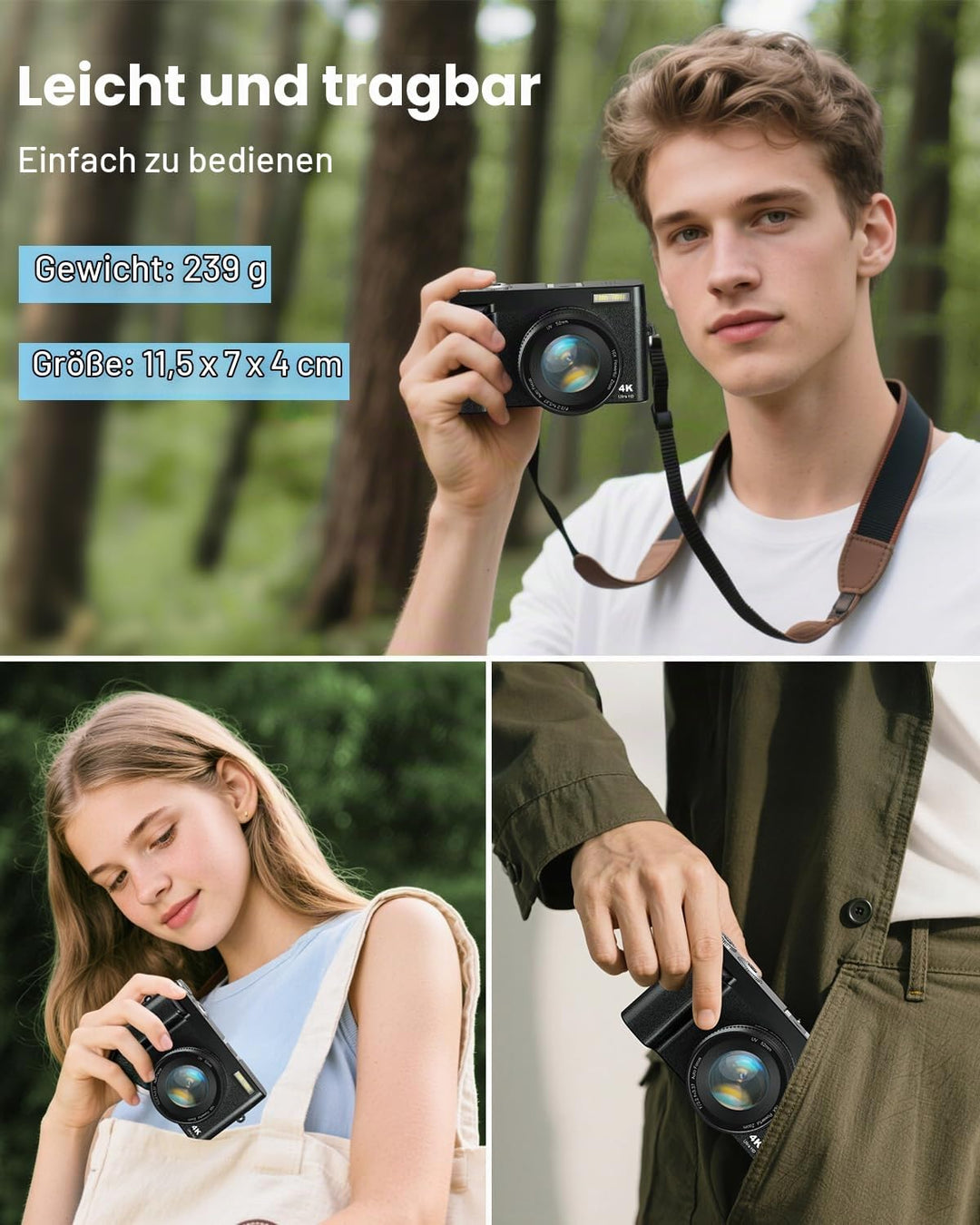 CAMKORY 4K Digitalkamera 48MP Kompaktkamera Fotokamera Autofokus mit 180° Flip-Bildschirm,16X Digita