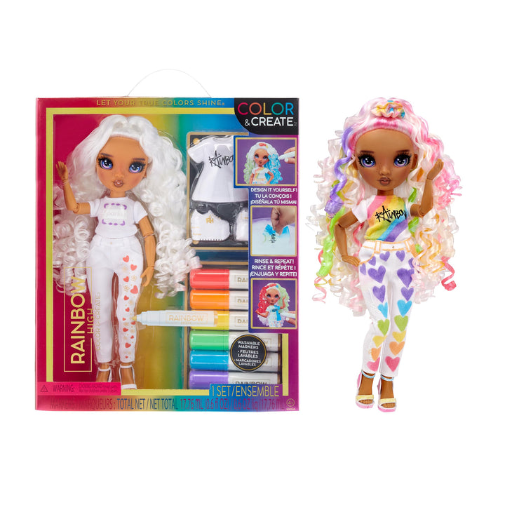 Rainbow High Color & Create DIY Modepuppe - Lila Augen, Locken, extra Top & Schuhe, abwaschbare Rege