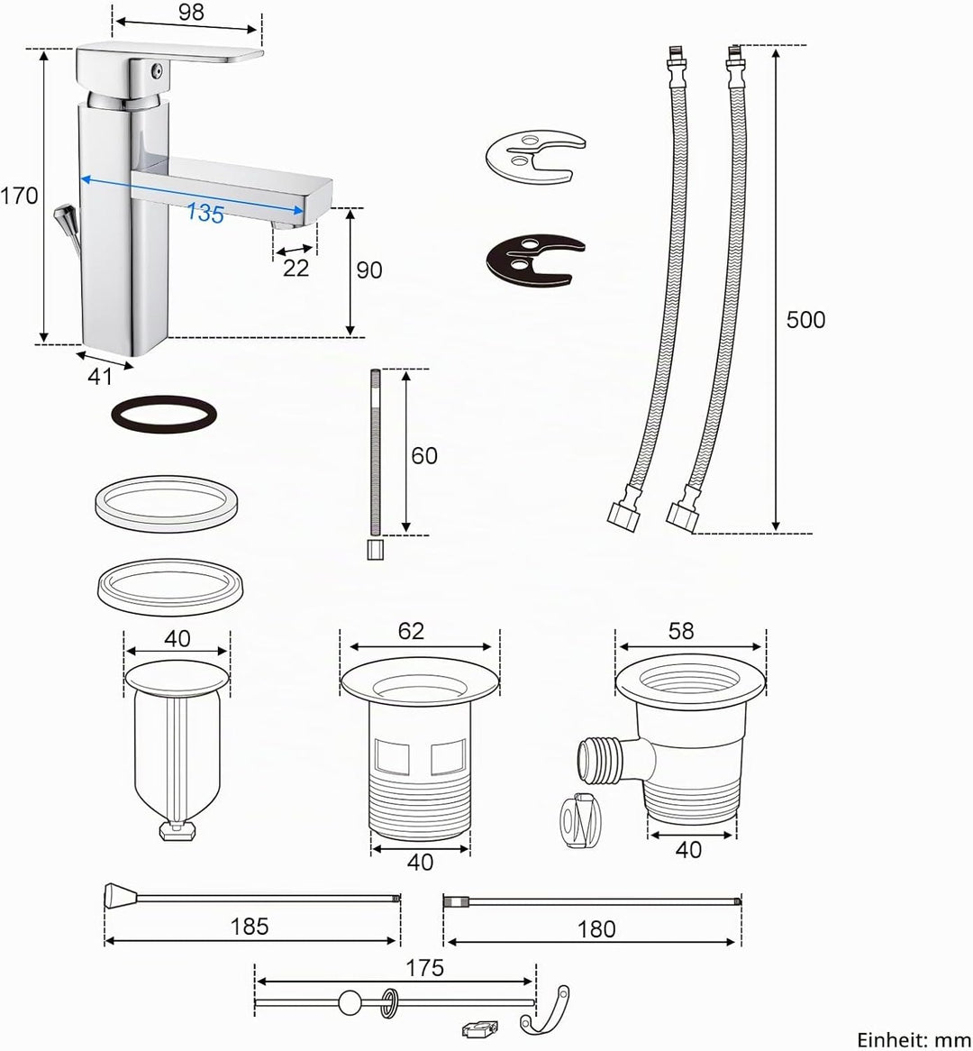 Wasserhahn Bad mit Zugstangen-Ablauf, Waschtischarmatur Einhebelmischer mit Auslauf Höhe 90 mm, Bada