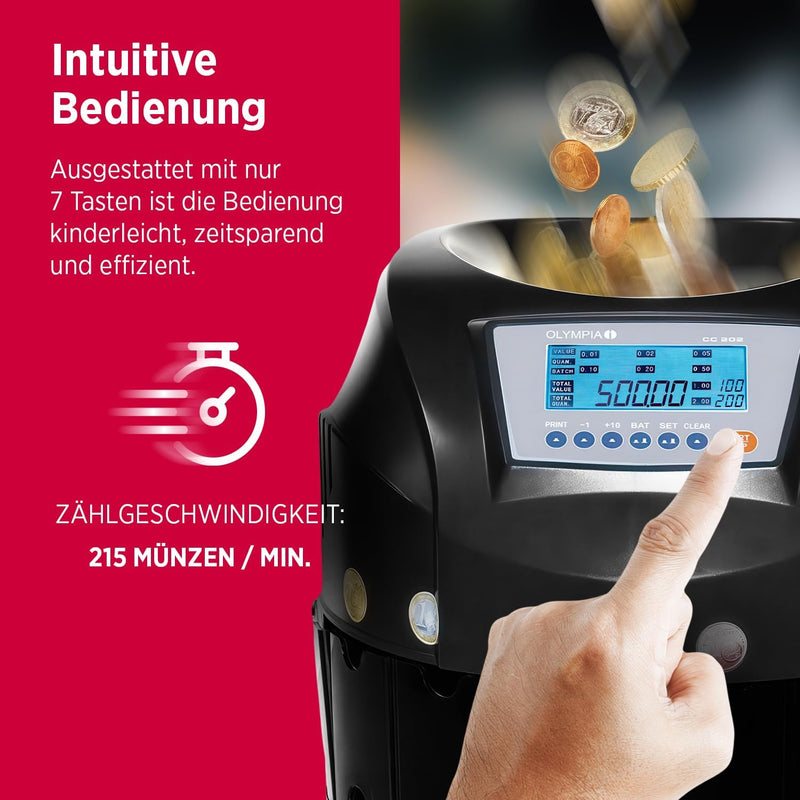 Olympia CC 202 Münzzählmaschine (für Euro-Münzen, LCD-Display, Münzsortierung, Reportfunktion, Elekt