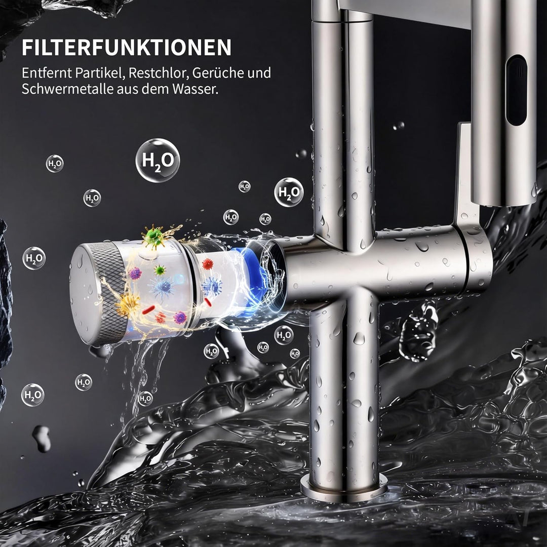 HOMELODY Wasserhahn Küche mit Filter, Hoher Bogen Küchenarmatur mit Ausziehbarer Brause, 360°Drehbar
