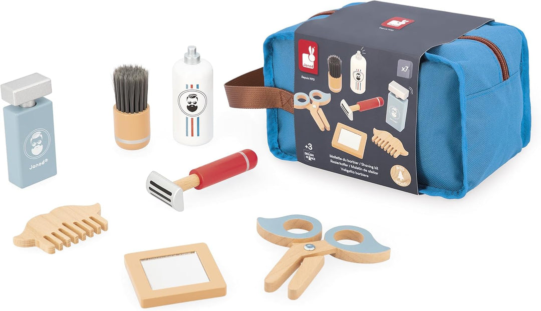 JANOD - Barbierkoffer für Kinder - 7 Holz-Accessoires + Etui - Rollenspielzeug - Entwickelt die Fant