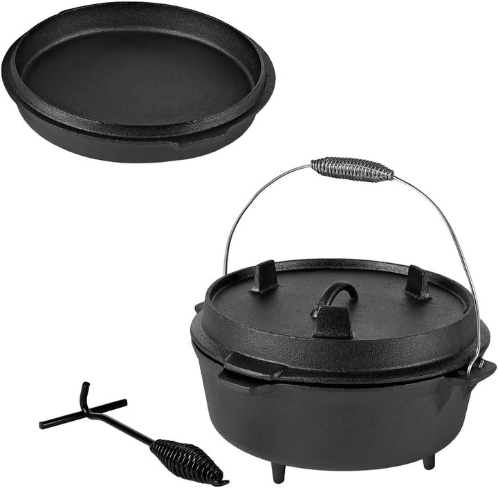 Melko BBQ Dutch Oven mit Deckel und Deckelheber aus Gusseisen, Topf zum Grillen, Braten, Garen, Back