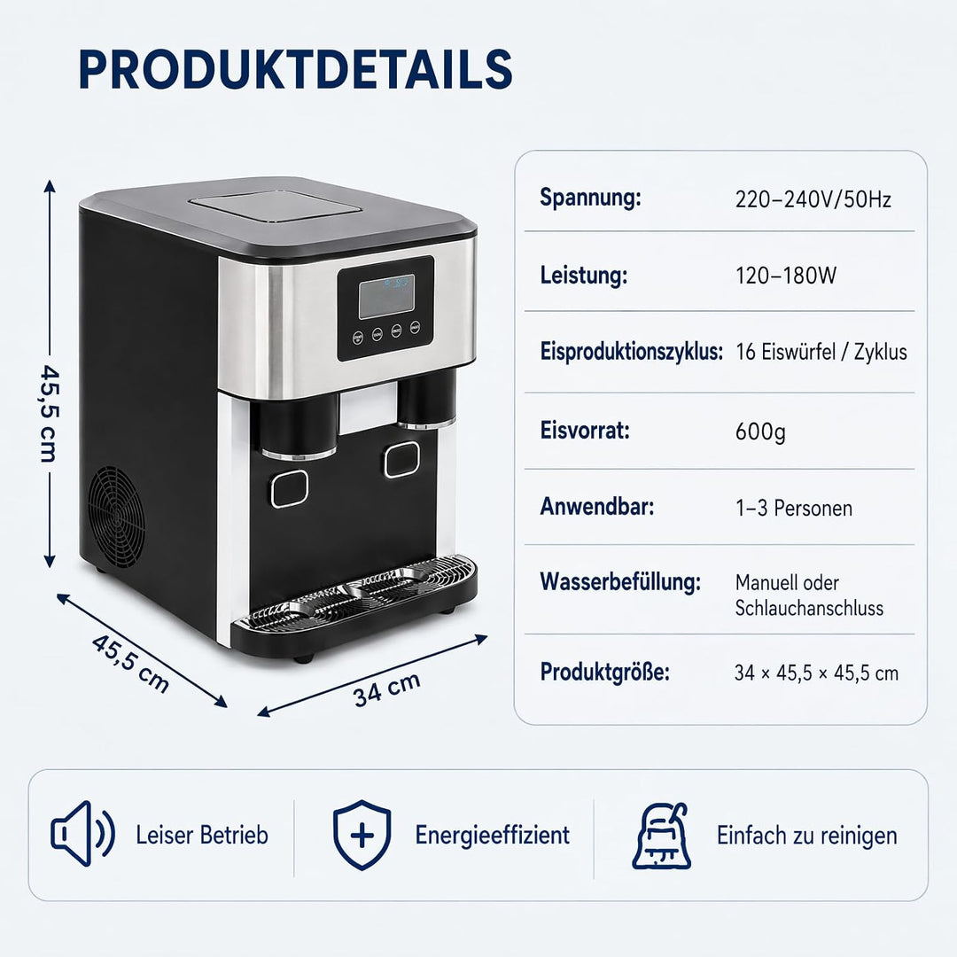 3-In-1 Eiswürfelbereiter mit Kaltwasserfunktion für Haus Küche Bar Café | 16 Eiswürfel 600G Eis Schn