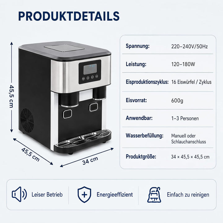 3-In-1 Eiswürfelbereiter mit Kaltwasserfunktion für Haus Küche Bar Café | 16 Eiswürfel 600G Eis Schn