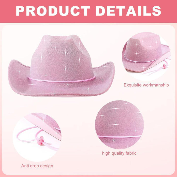 Cowboy Hut Damen Set, 3pcs Rosa Cowdruck Cowboy Hut, Pinker Cowboy Damen Verstellbar, Geeignet für M