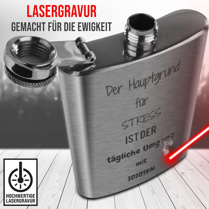 Flachmann mit Gravur aus Edelstahl selbst gestalten - mit Wunschtext gravieren - Geschenkidee für Fr