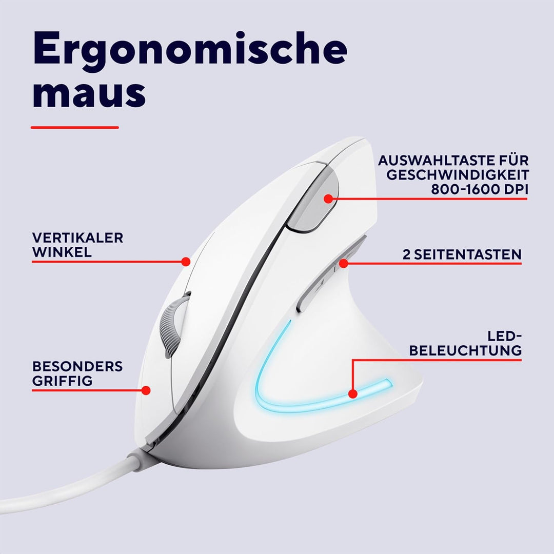 Trust Verto Vertikale Maus, Ergonomische Maus, Vorbeugung Gegen Mausarm/Tennisarm (RSI Syndrom), 100