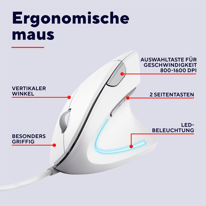 Trust Verto Vertikale Maus, Ergonomische Maus, Vorbeugung Gegen Mausarm/Tennisarm (RSI Syndrom), 100