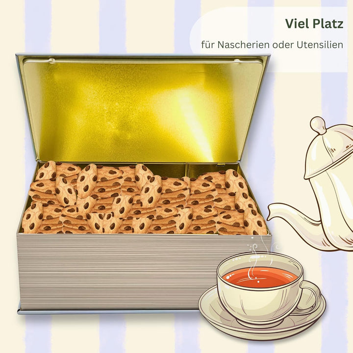 Grosse Buchdose Tea Book Aufbewahrungsdose, Keksdose, Blechdose, aufwändig geprägt und bedruckt. Kek