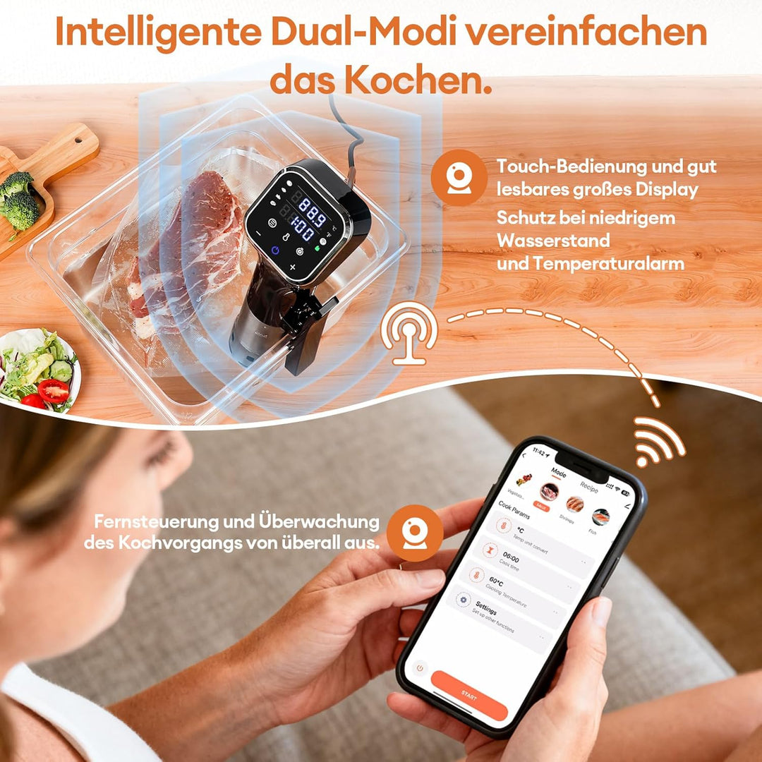 Obecilc 1100W Smart Sous-Vide-Garer mit WLAN-App, Umwälzthermostat ±0,1°C, 4D-Heizsystem, Temperatur