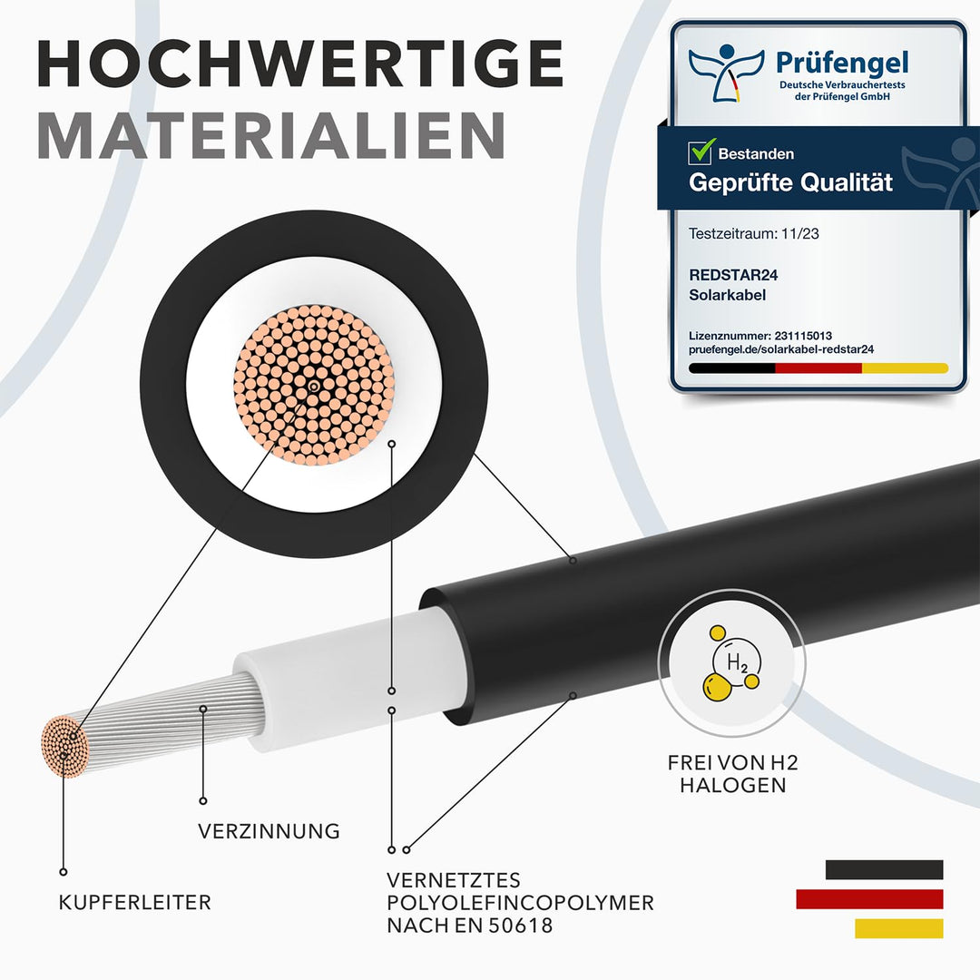 RedStar24 Solarkabel 6mm² Schwarz - 100m - TÜV-zertifiziert - UV-beständig, flexibel, Photovoltaik ,