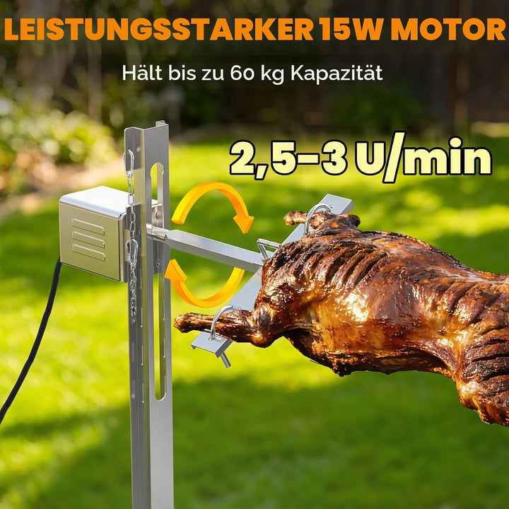 onlyfire Spanferkelgrill mit Motor, Edelstahl Spiessbratengrill, 5-stufige Höhenverstellung Spiessgr