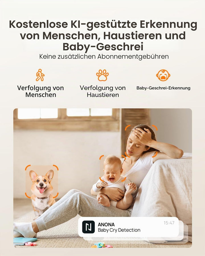Anona Pano 4K Innenkamera mit 64 GB SD-Karte. Baby-/Haustierüberwachung per App, 360° Schwenk/Neige,