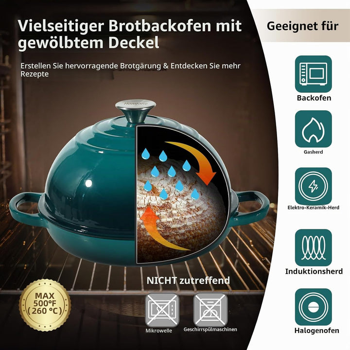Homtone 5,2L/26cm Emaillierter Gusseisen Brotbacktopf mit gewölbtem Deckel, Emaille Gusseisen Topf B