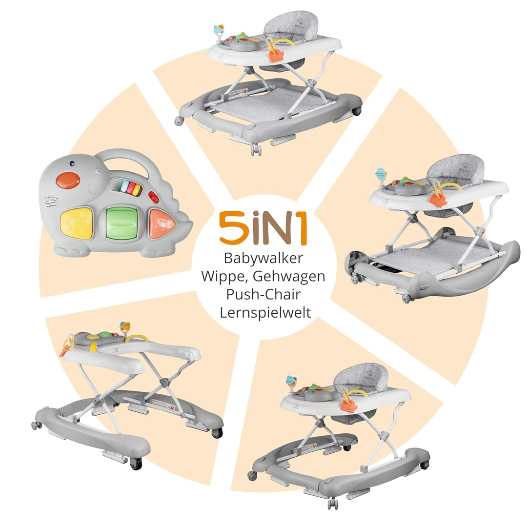 5-in-1 Lauflernhilfe Babywalker | Gehfrei mit Schaukelfunktion, Musik &amp; Licht | Laufhilfe für Baby a