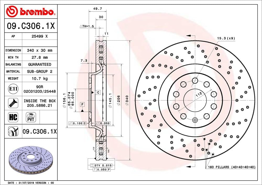 Brembo Bremsscheiben Vorne Gelocht/Innenbel. 2X Ø 340Mm | 09.C306.1X