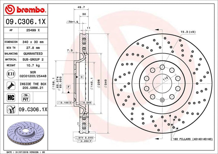 Brembo Bremsscheiben Vorne Gelocht/Innenbel. 2X Ø 340Mm | 09.C306.1X