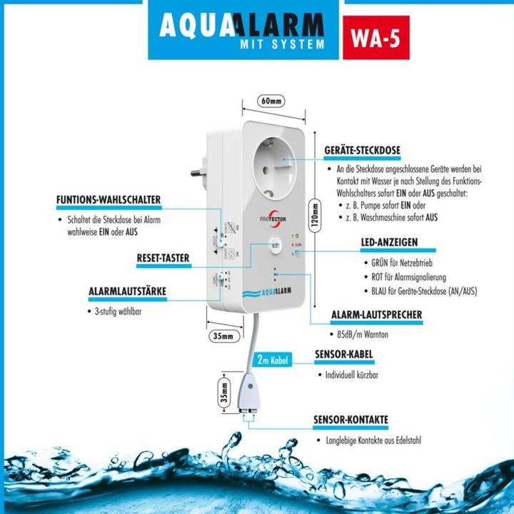 Protector Wasseralarm WA-5 Wassermelder mit externem Sensor netzbetrieben