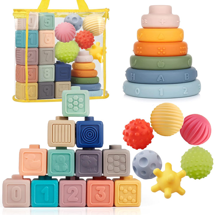 Montessori Spielzeug für Baby 6-12 Monate, 3 in 1 Stapelspiel Bausteine Babyspielzeug Set ab 1 2 3 J