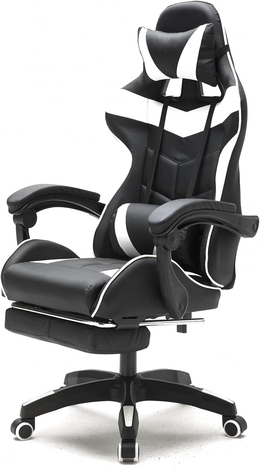 VDD Gaming Stuhl Cyclone mit Fussstütze - Bürostuhl - Racing Gaming Stuhl - Weiss Schwarz