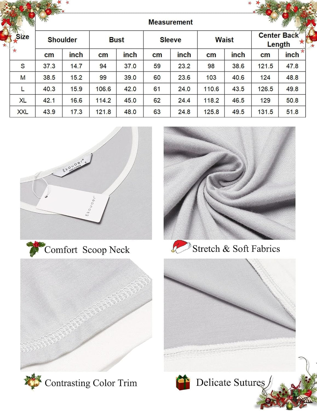 Ekouaer Damen Nachthemd Langarm Elegant Sleepshirt Weich Schlafkleid Lange Nachthemden Kontrastfarbe