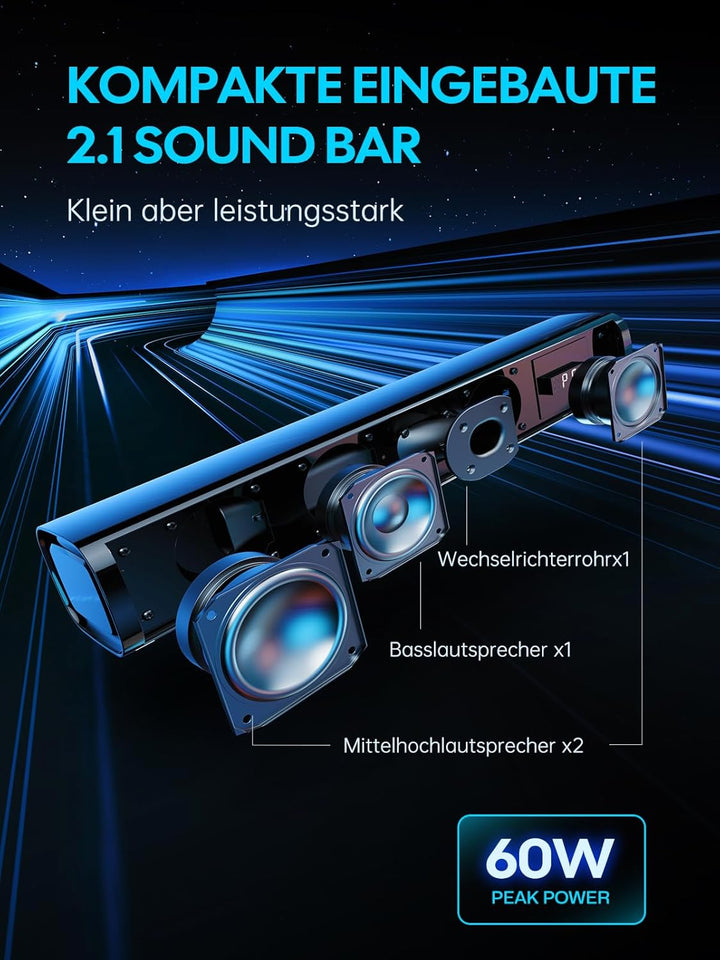 MEVOSTO Soundbar für TV Geräte PC Gaming Soundbar Mini 60W 2.1CH Integrierte Subwoofer Lautsprecher