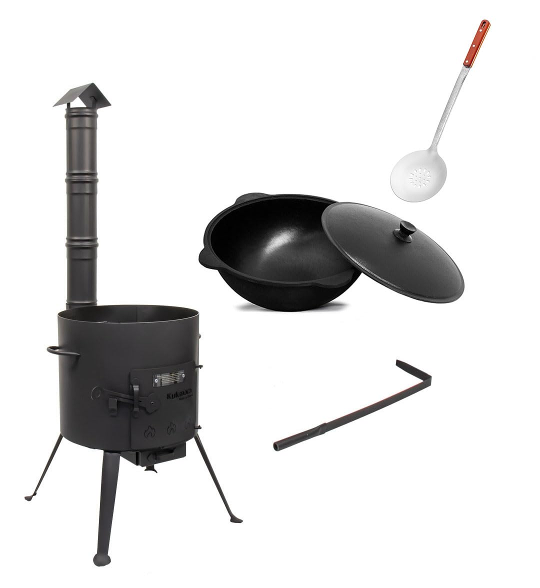 SET Kukmara Utschak mit Abzugs-Rohr, 37m + 10 Liter Gusseisen Kazan INNEN GLATT + 47cm Schaumlöffel