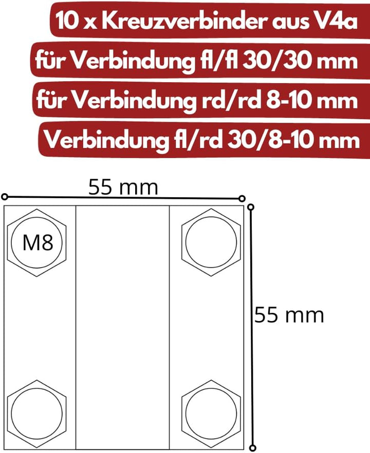 10 X Kreuzverbinder V4A | für Erdungsband bis 30 mm und Rundleiter bis Ø 10 mm | Schrauben M8