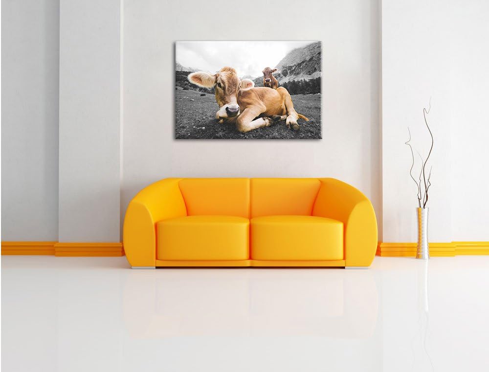 Pixxprint Almkuh in den Bergen als Leinwandbild/Grösse: 100x70 / Wandbild/Kunstdruck/fertig bespannt