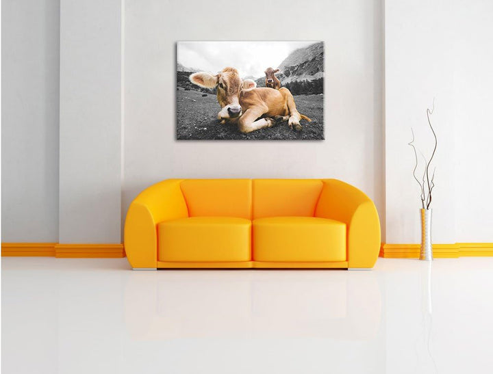 Pixxprint Almkuh in den Bergen als Leinwandbild/Grösse: 100x70 / Wandbild/Kunstdruck/fertig bespannt