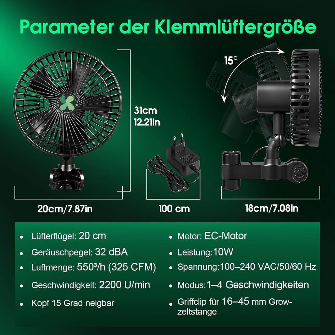 Grow Ventilator Oszillierend, mit Neu Gestaltetem Langlebigem EC-Motor, 4Windgeschwindigkeiten, 180°