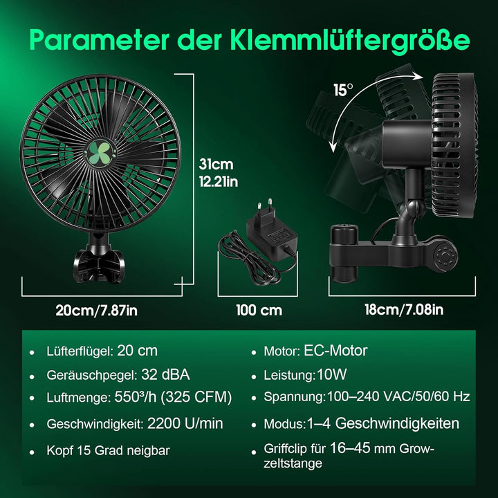Grow Ventilator Oszillierend, mit Neu Gestaltetem Langlebigem EC-Motor, 4Windgeschwindigkeiten, 180°