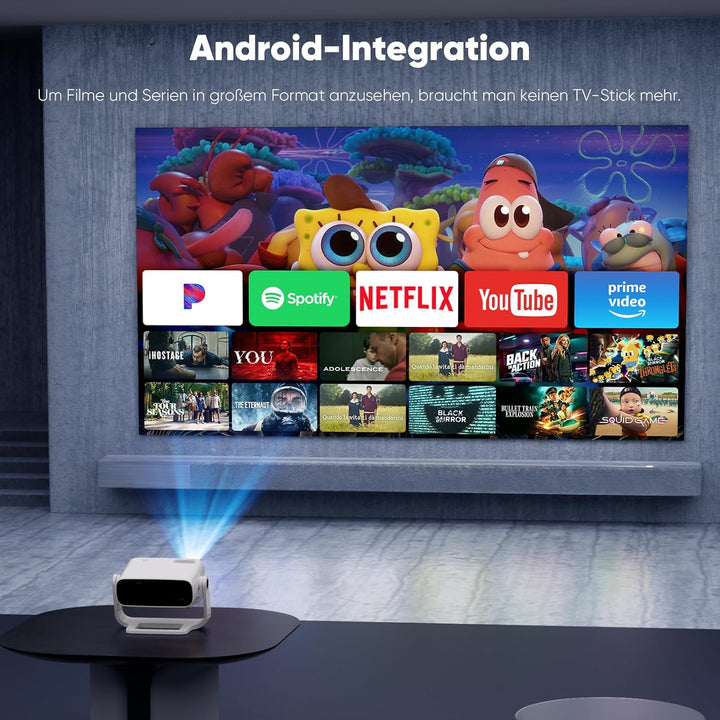 Smart Beamer 4K Unterstützung, Android 11, Full HD 1080P, WiFi 6 & BT 5.2, 120° Verstellbarer Stände