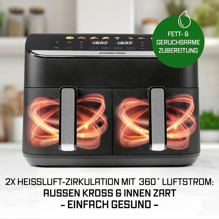 GOURMETmaxx AirGenius Heissluftfritteuse, 9 L - 2 x 4,5 L Airfryer | Fritteuse mit 8 Programmen | He