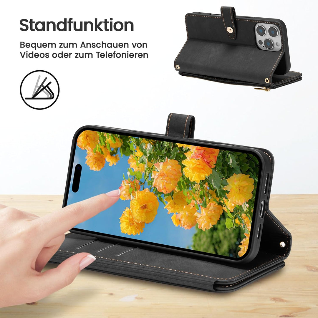 ZCDAYE Hülle für iPhone 16 Pro Max mit Band Handykette, Leder Handyhülle Handytasche mit Kartenfäche