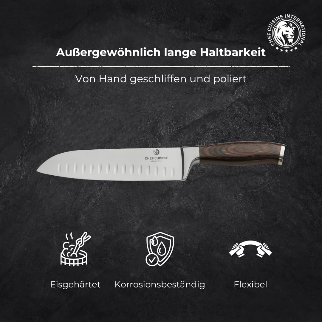 CHEF CUISINE Santoku-Messer, Klingenlänge 180 mm, Spezieller Klingenstahl, Eisgehärtet, Handgeschlif