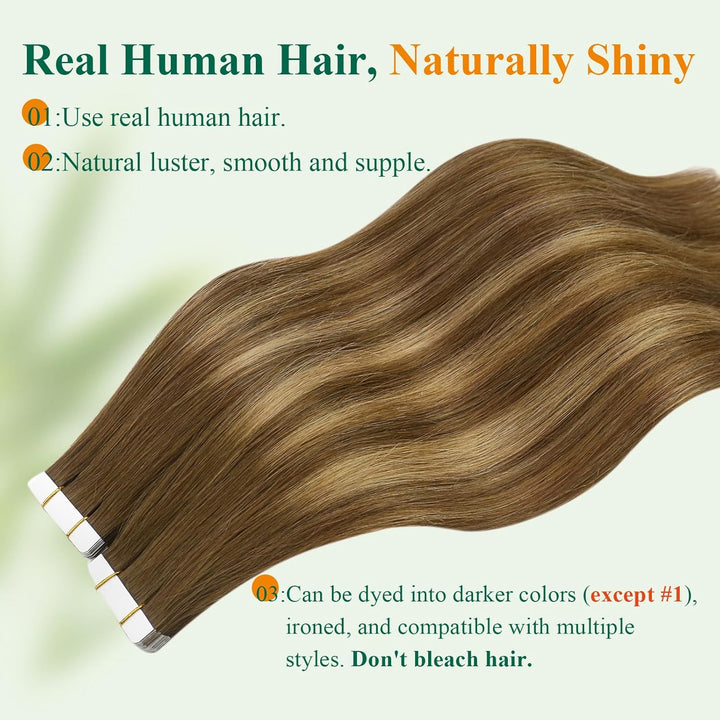 Easyouth Haar Extensions Tape Echthaar Skin Weft Band in Extensions Farbe Mittelbraun Mix Honigblond