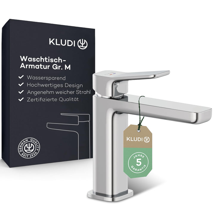 KLUDI-X3 Waschtischarmatur, Auslaufhöhe 110 mm, wassersparender Wasserhahn Bad Grösse M, Keramikkart