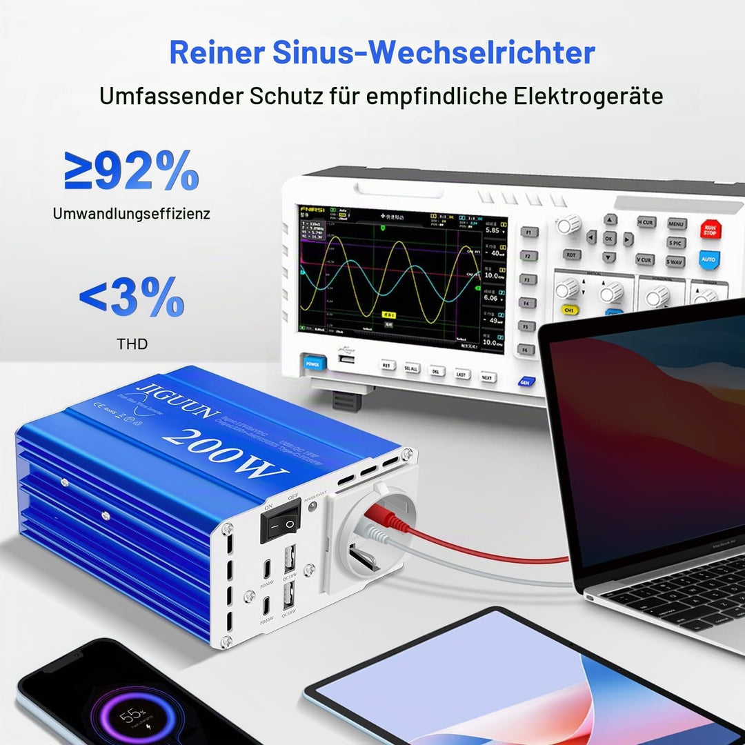 JIGUUN 200W Wechselrichter 12V/24V auf 230V Reiner Sinus Spannungswandler mit EU Steckdose,2 USB,2 T