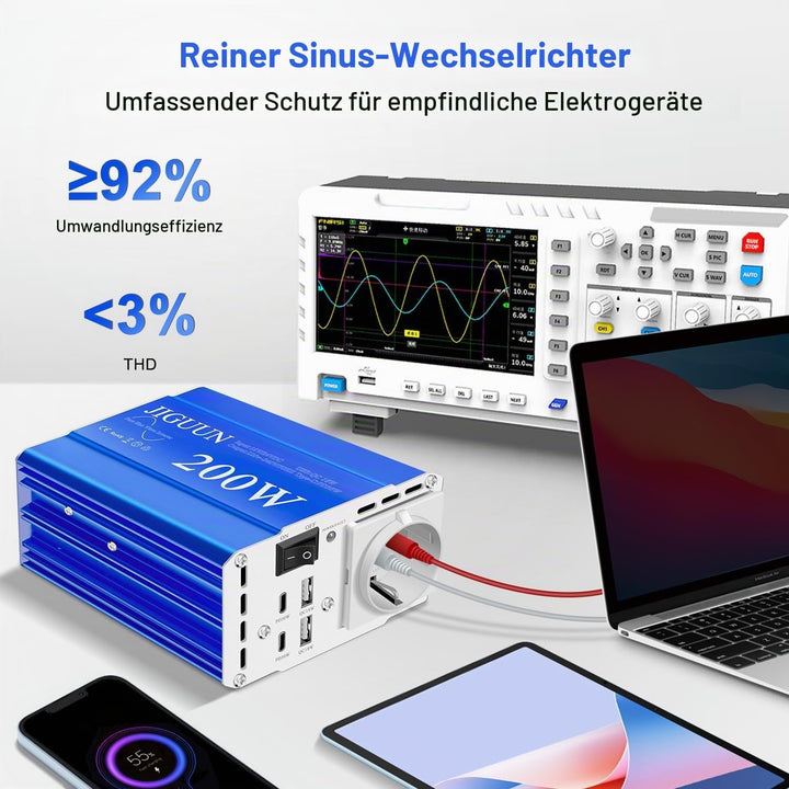 JIGUUN 200W Wechselrichter 12V/24V auf 230V Reiner Sinus Spannungswandler mit EU Steckdose,2 USB,2 T