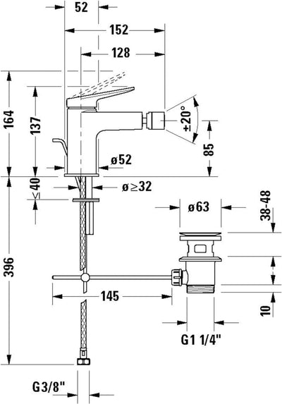 Duravit Wave Einhebel-Bidetarmatur (Auslauf Höhe 85 mm), Bidetmischer mit Zugstangen-Ablaufgarnitur,