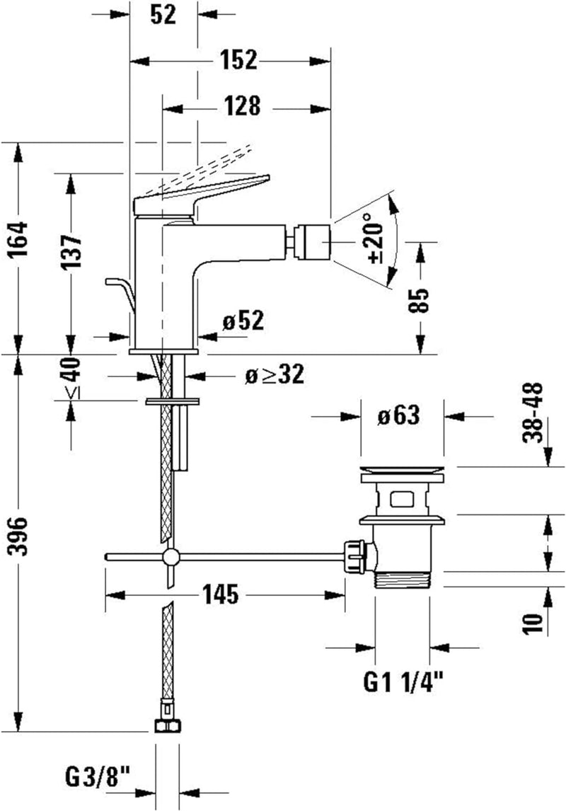 Duravit Wave Einhebel-Bidetarmatur (Auslauf Höhe 85 mm), Bidetmischer mit Zugstangen-Ablaufgarnitur,