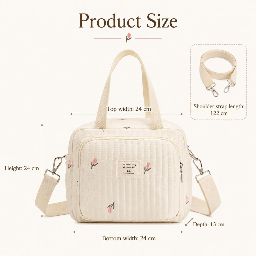 Wickeltasche, Mommy Bag Blumen, Kleine Gesteppte Tasche mit bestickten Blumenmotiven, Tragegriffen u