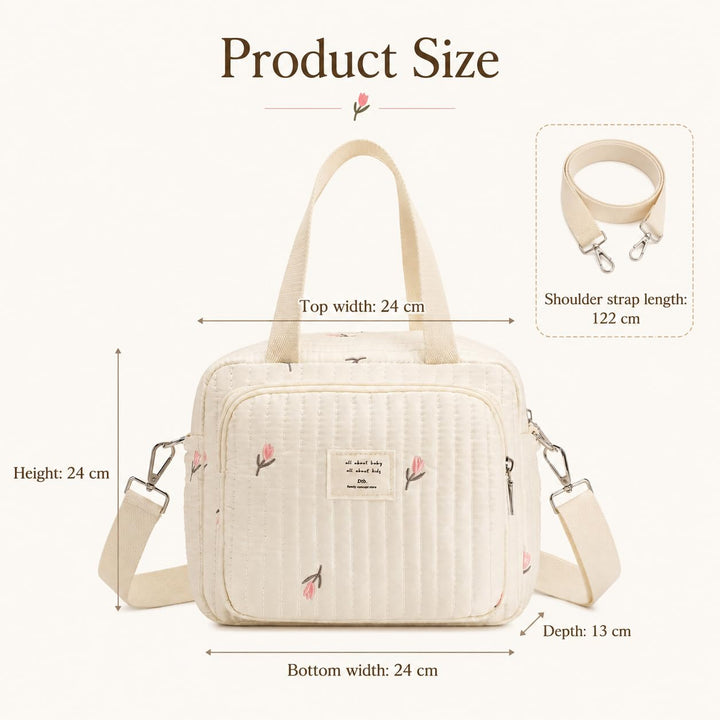 Wickeltasche, Mommy Bag Blumen, Kleine Gesteppte Tasche mit bestickten Blumenmotiven, Tragegriffen u
