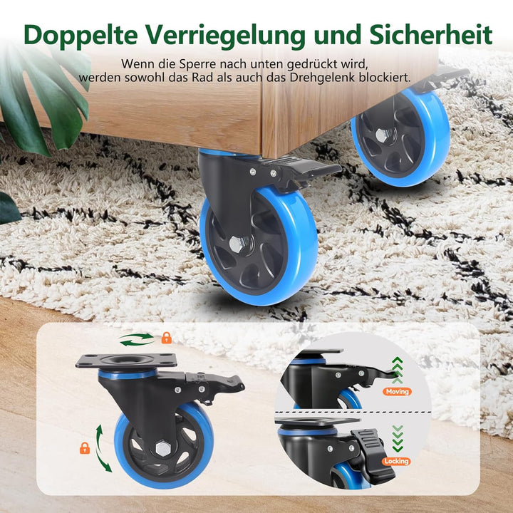 125MM Schwerlastrollen mit Bremse, 4 Stück Lenkrollen für Möbel, 360°Drehbar PU Möbelrollen Transpor