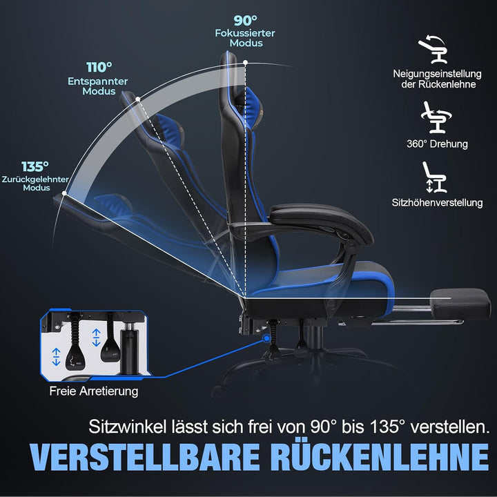 GTPLAYER Gaming Stuhl Chair Gamer Sessel - Ergonomischer Gamer Stuhl mit Fussstütze Kopfstütze und L