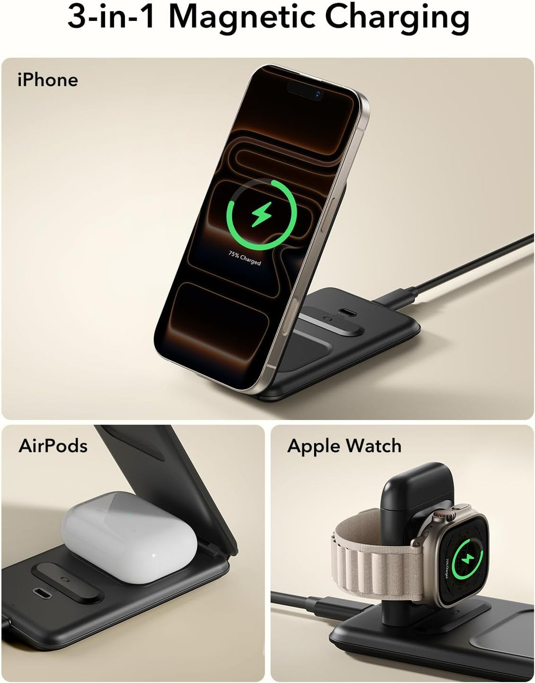 ESR 3 in 1 Ladestation Apple Watch und iPhone, 15W Zertifiziert MagSafe Ladestation mit Apple Watch-