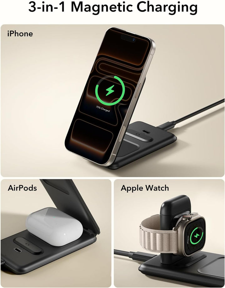 ESR 3 in 1 Ladestation Apple Watch und iPhone, 15W Zertifiziert MagSafe Ladestation mit Apple Watch-