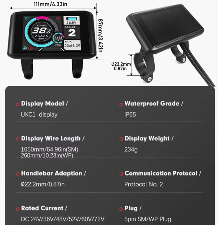 Elektrofahrrad UKC1 / UKC1+ LCD-Farbdisplay, kompatibel mit APT-Protokoll, mit SM/wasserdichtem Stec